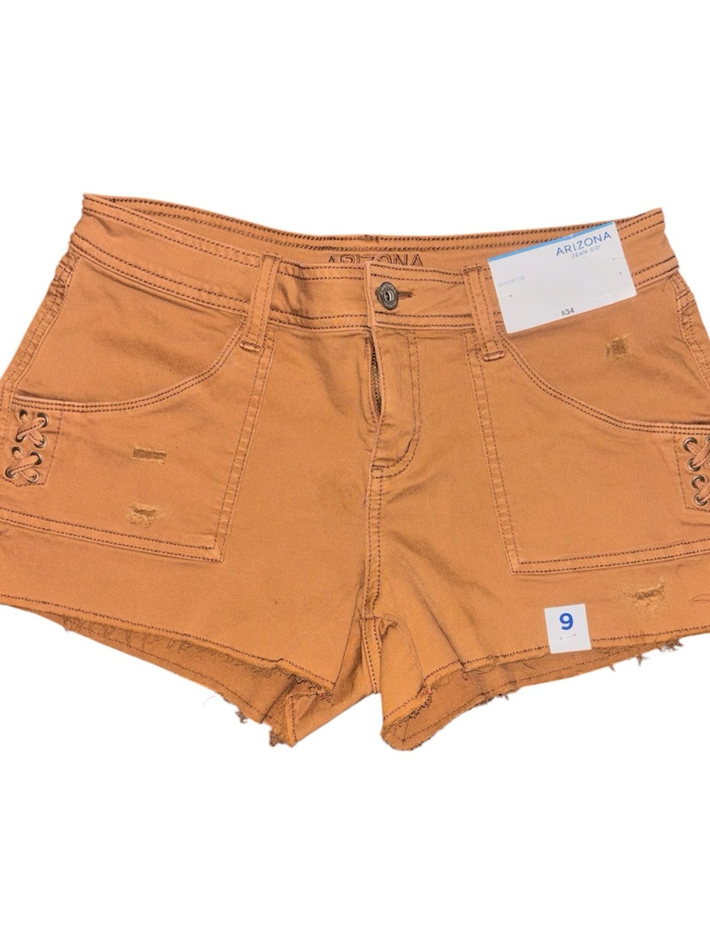 Arizona Jean Co. Camel Distressed Lace-Up Denim Shorts – Size 9 – NWT
